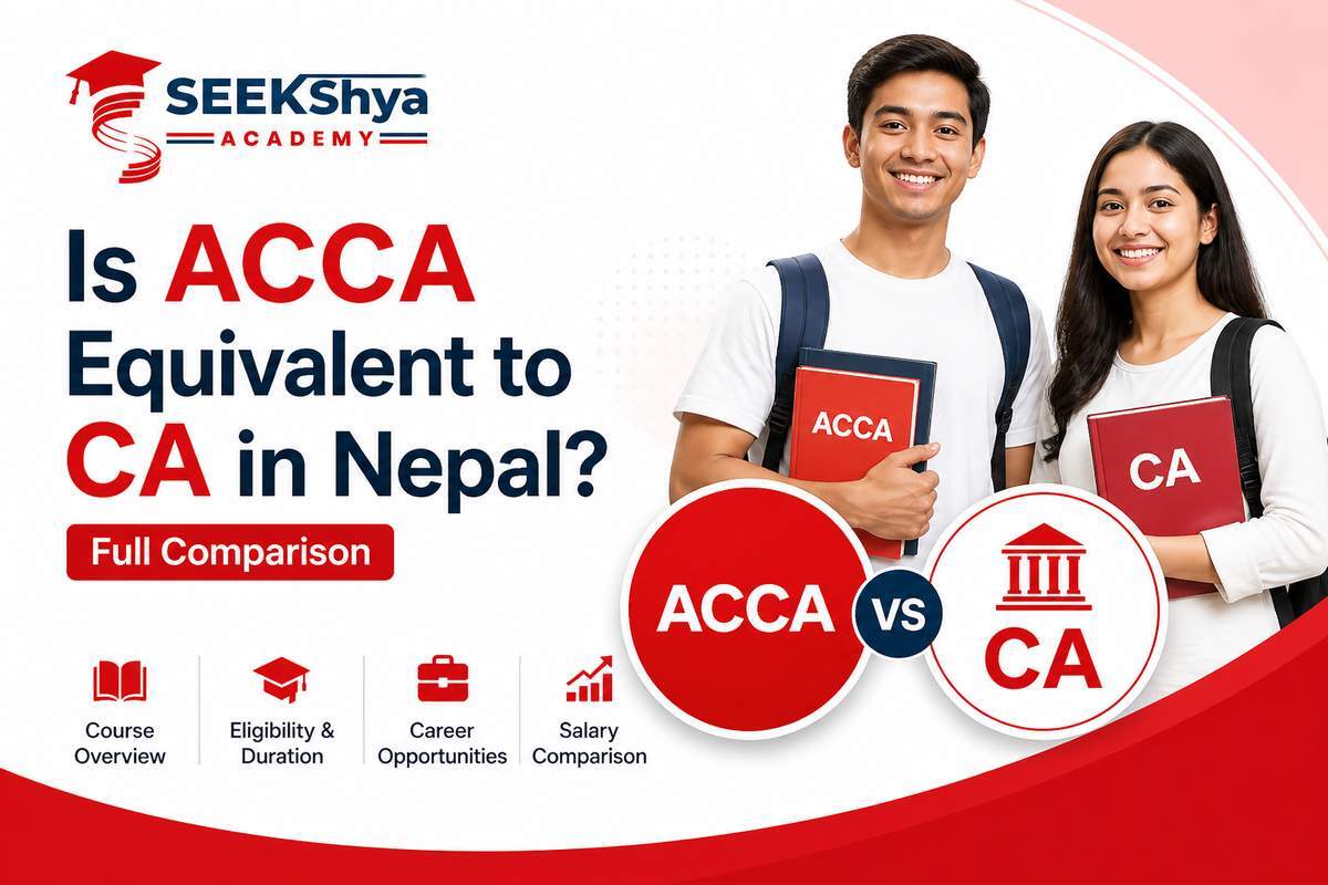 Two students holding ACCA and CA books with comparison icons, titled “Is ACCA Equivalent to CA in Nepal? Full Comparison” by Seekshya Academy.